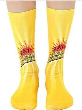 Yellow 'Ray of F word Sunshine' Graphic Crew Socks NEW unisex W 4-12 M 6-13